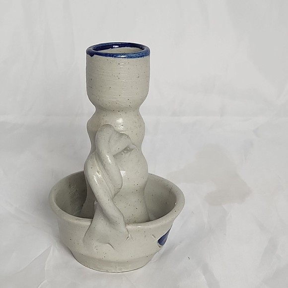 Williamsburg Pottery Cobalt Blue Leaf Salt Glaze Stoneware Candlestick Holder 5" - Picture 4 of 7